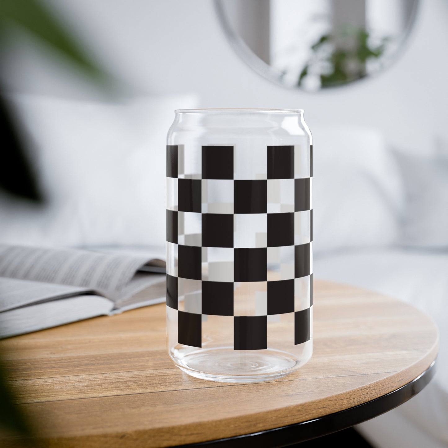 Black and White Checkerboard Glass Can, 16oz