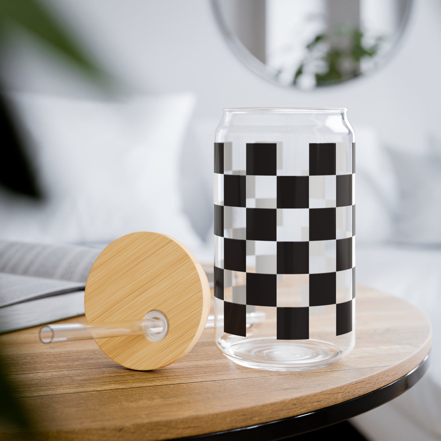 Black and White Checkerboard Glass Can, 16oz