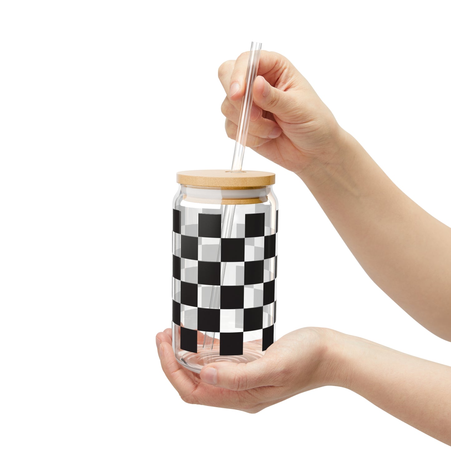 Black and White Checkerboard Glass Can, 16oz